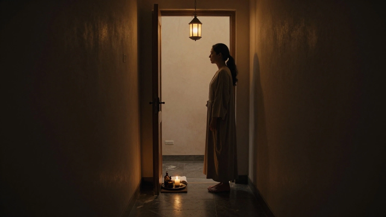 A silhouette at a doorway with a lantern casting light on oils and a towel, conveying quiet trust.