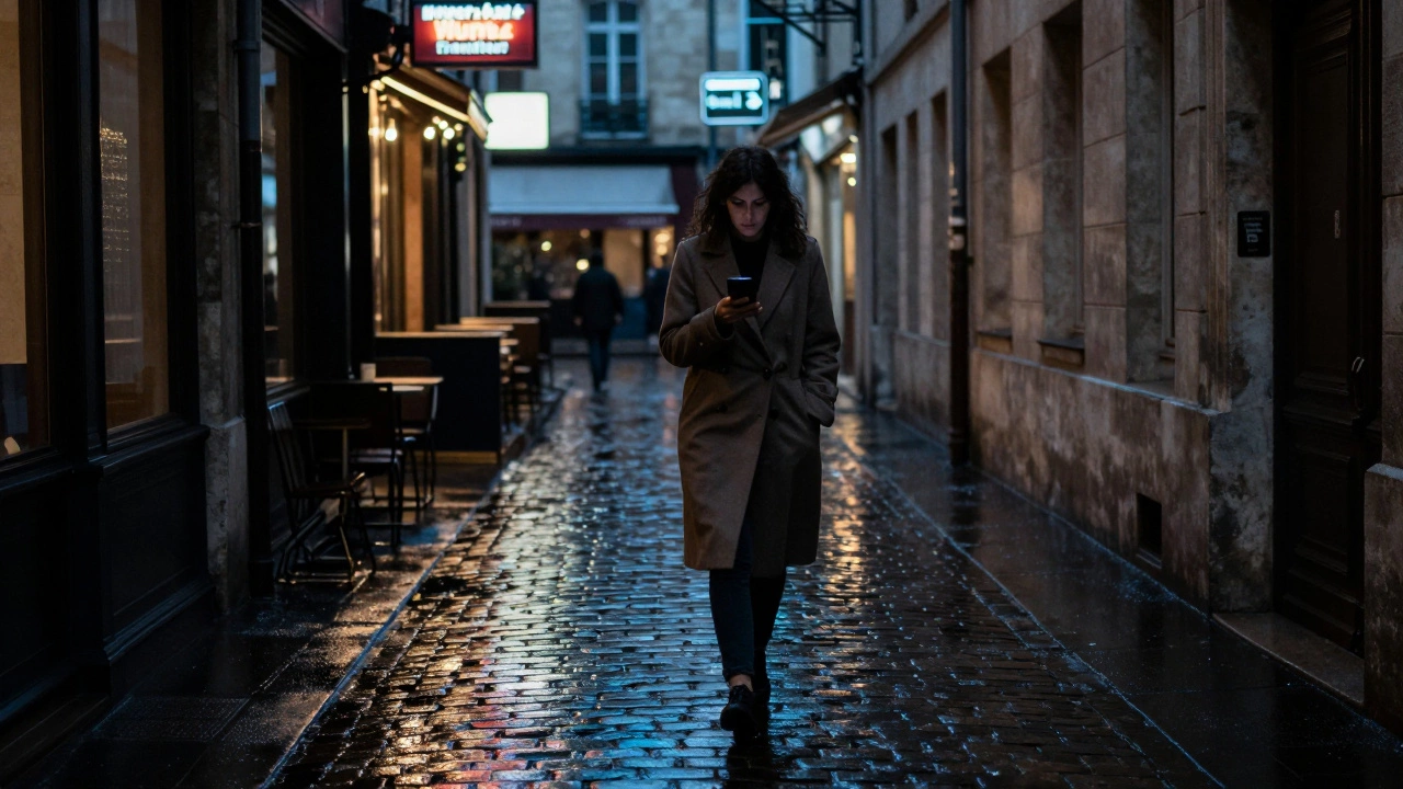 A woman walking away in a rainy Bordeaux alley, face unseen, under neon lights.