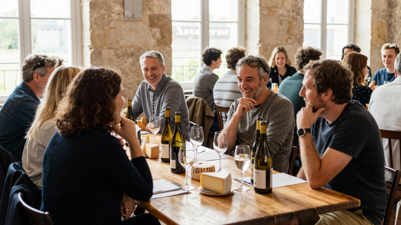 People enjoying a wine tasting in Bordeaux, laughing and chatting in natural light.