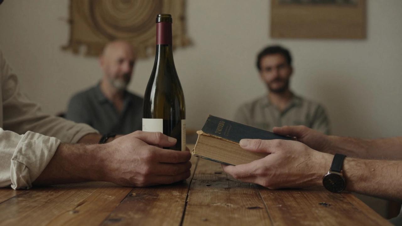 Two hands offering a book and wine on a wooden table, faces unseen, in a warm intimate space.